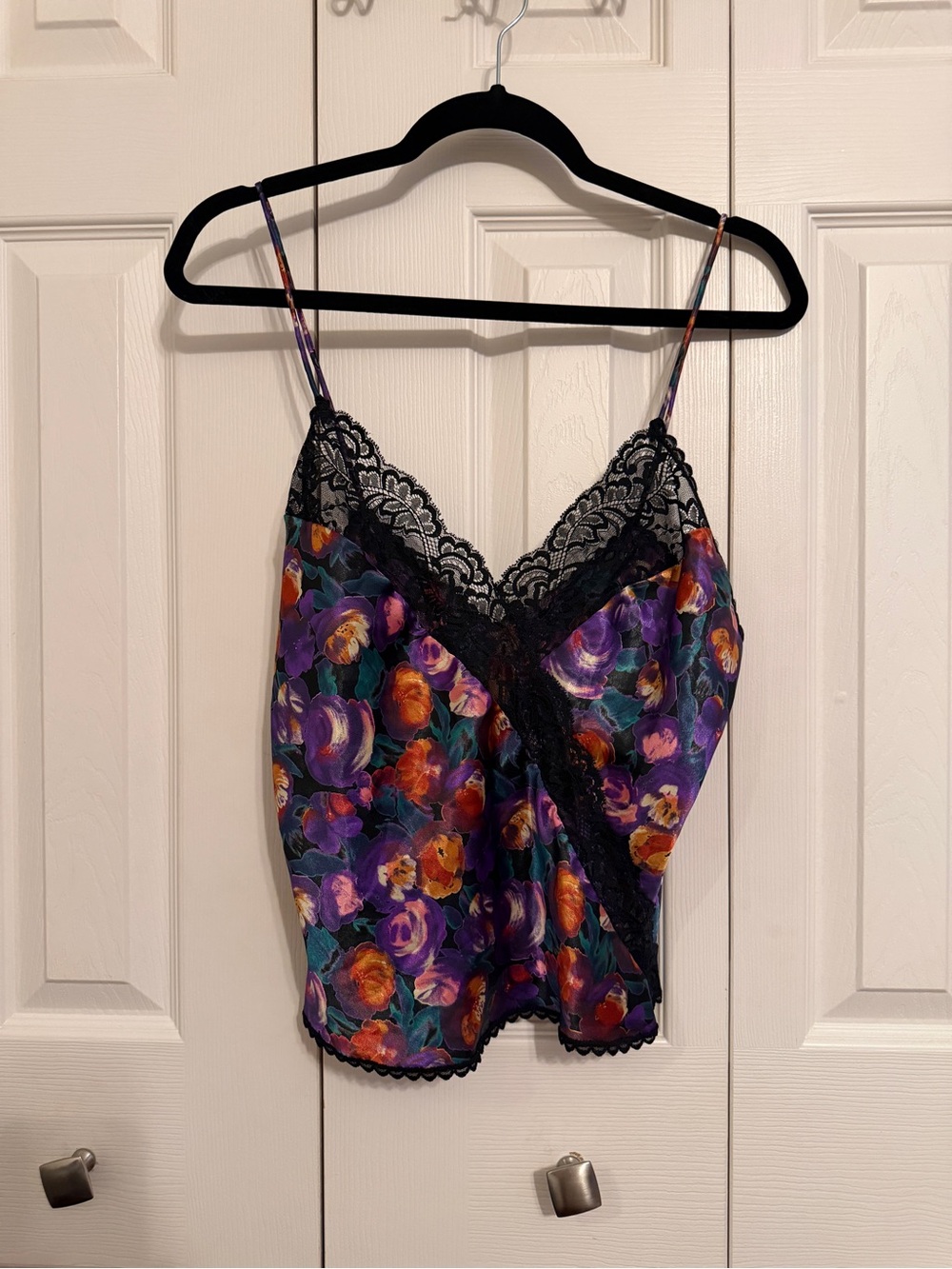Floral Lace Trim Satin Cami Top - Black & Purple Silky